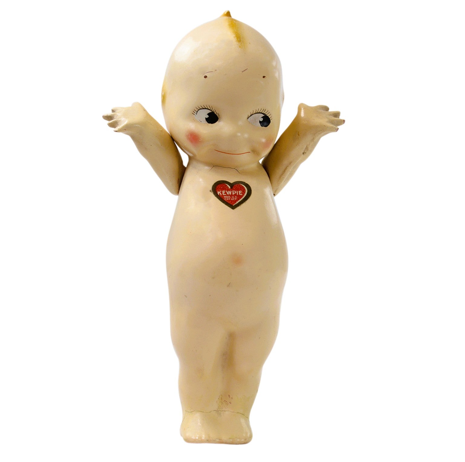 Antique 8 1/2" Tall Composite Kewpie Doll with Heart Sticker & Green W Antique 8 1/2" Tall Composite Kewpie Doll with Heart Sticker & Green W