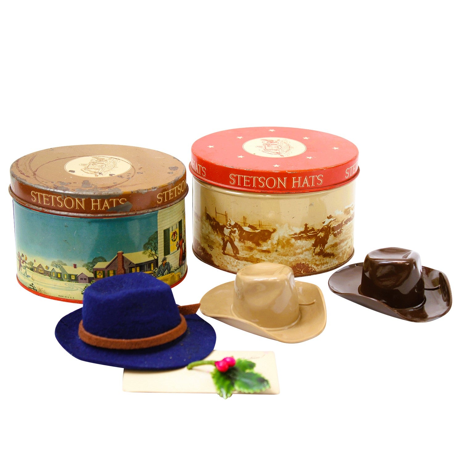Two 1950's Stetson Display Tins With Miniature Hat Samples