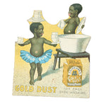 Vintage advertisement for Gold Dust washing powder featuring two children with a box of the product.