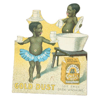 Vintage advertisement for Gold Dust washing powder featuring two children with a box of the product.