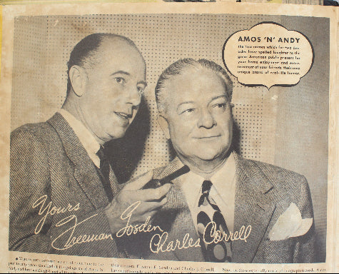 Vintage newspaper page featuring two men with a speech bubble labeled 'Amos n' Andy'.