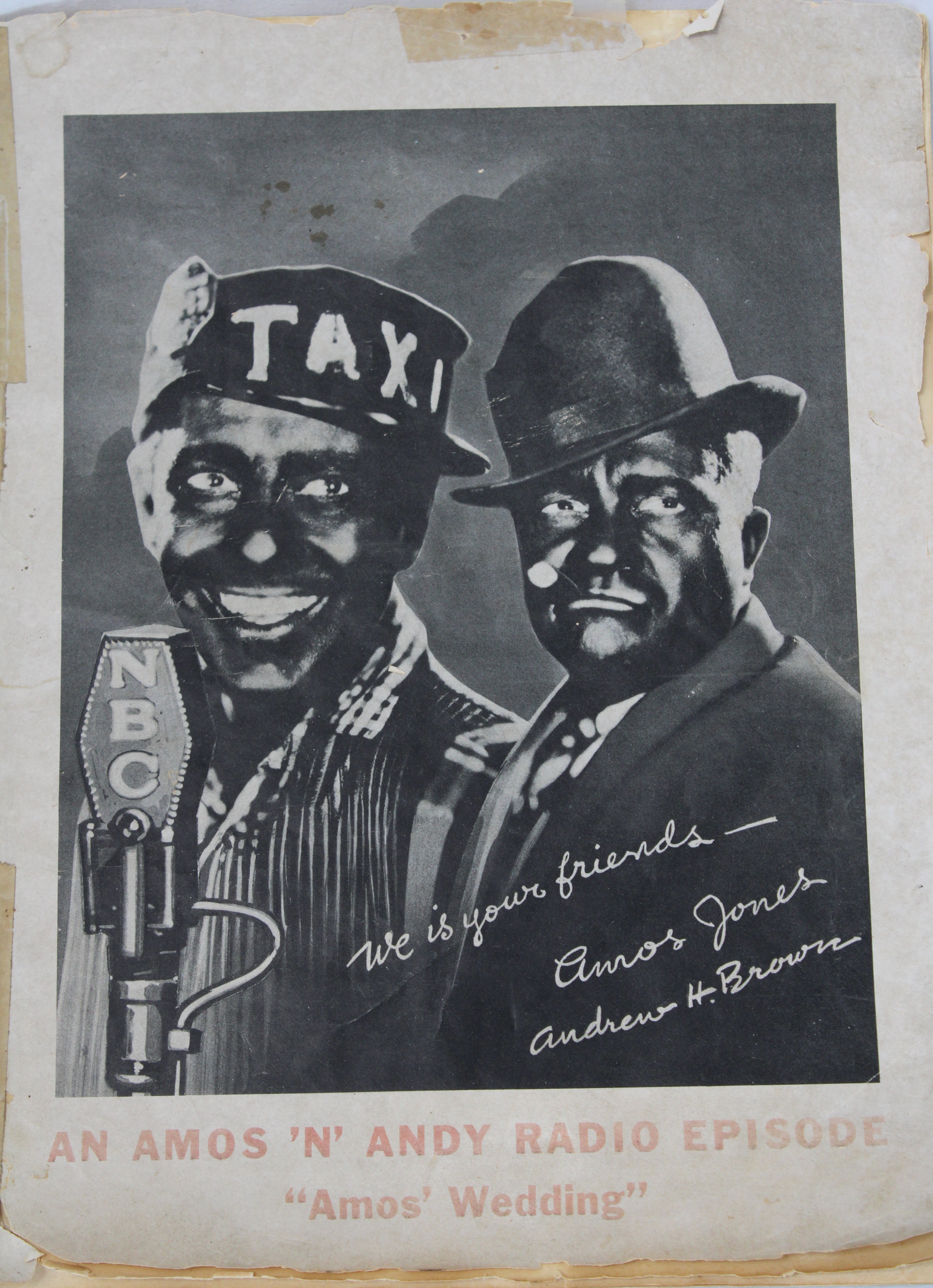 Vintage black and white photo of two men with a radio and 'Amos 'n' Andy' branding.