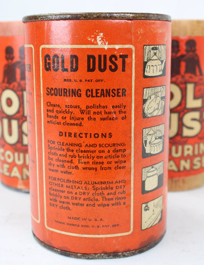 Vintage can of Gold Dust Scouring Cleanser with red label and white background