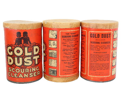 Three vintage Gold Dust Scouring Cleanser containers on a white background