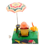 Japan Wind-Up Litho Lady On The Beach With Umbrella and Duck