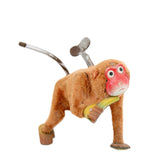 Vintage Wind-Up Mohair Covered Tin Walking Monkey Eating A Banana