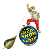 The Greatest Show on Earth Drum with Clown Standing on Drum Anchored by Balloon