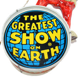 The Greatest Show on Earth Drum with Clown Standing on Drum Anchored by Balloon