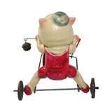 Three Vintage Celluloid Tin Wind-Up Pigs Riding on Tricycle