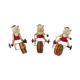 Three Vintage Celluloid Tin Wind-Up Pigs Riding on Tricycle