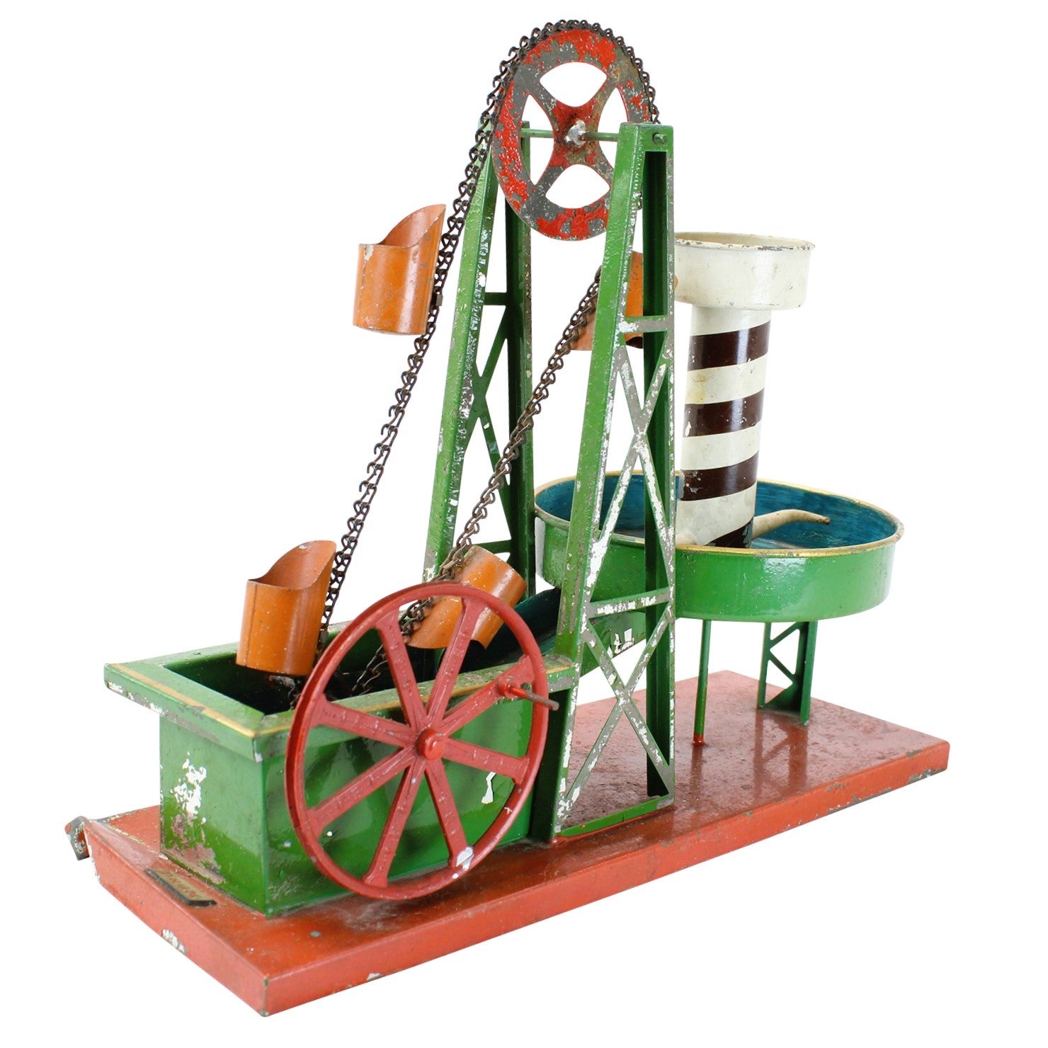 Model of a vintage water mill with green frame, red wheels, and striped bucket on a white background.
