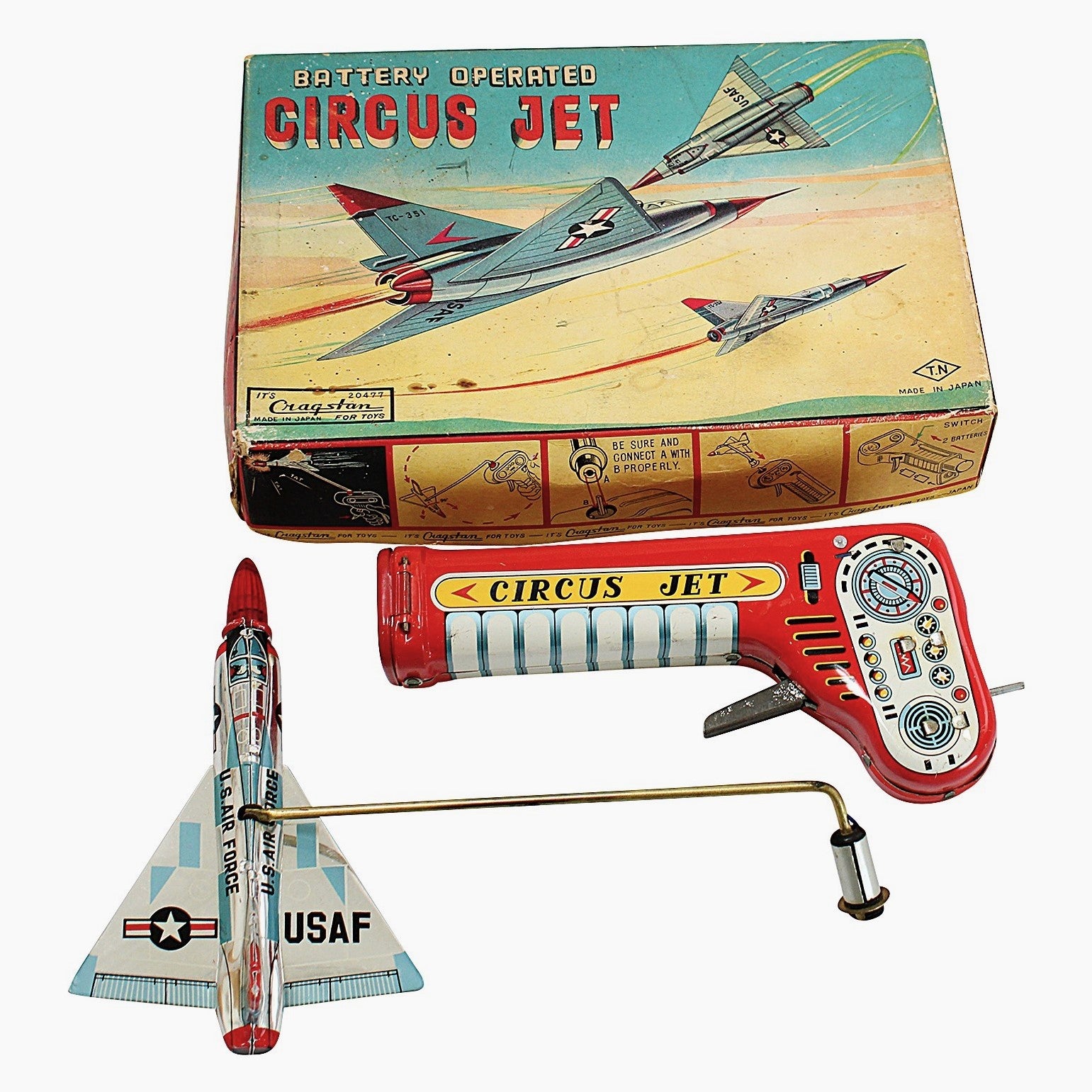 Battery-operated Circus Jet toy with its packaging on a white background