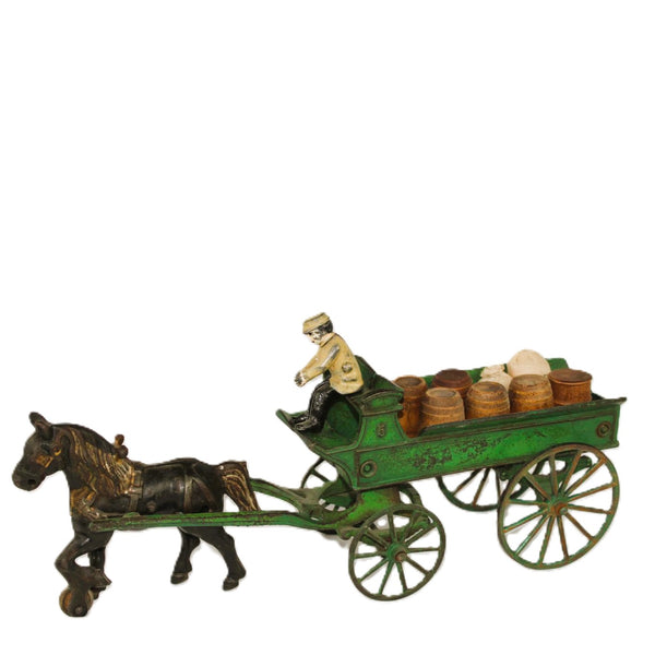 Jouet Ancien Kenton Toys – Wagon Vert Tiré Par Deux Chevaux – Fonte – Années 1920
