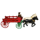 Antique Kenton Cast Iron Green & Red Stake Horse Drawn Wagon With Driver