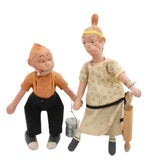 1920’s Schoenhut Maggie And Jiggs Wooden Dolls with Rolling Pin And Corn Beef and Cabbage Pot