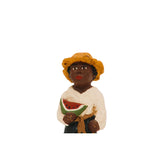 Hand Carved And Painted Wooden Black Boy Eating Watermelon With Little Piglet