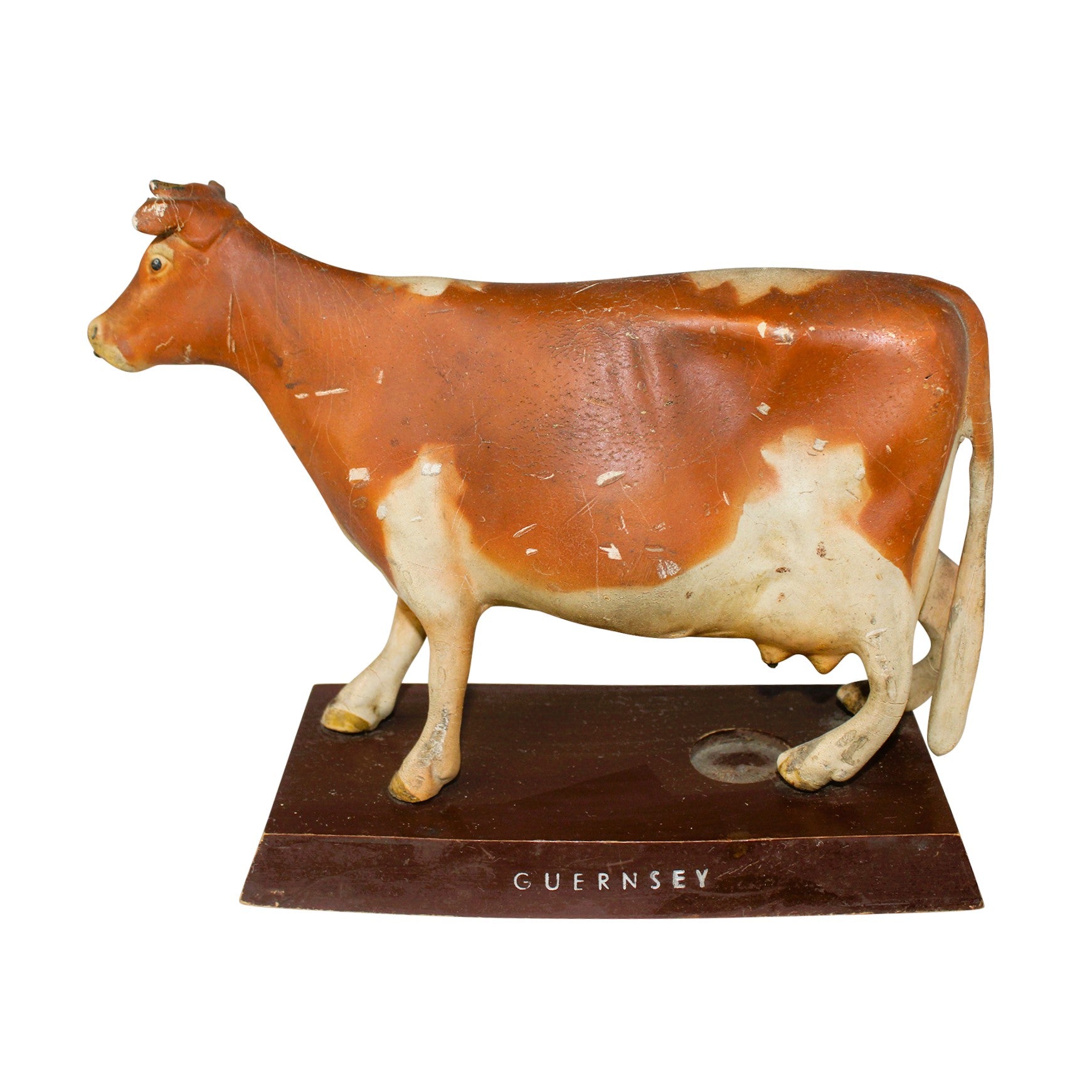 Mid-Century German Hand Rubber Guernsey Cow On Wood Stand