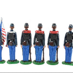 Set of six toy figures in union civil war uniforms with an American flag on a white background