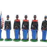 Set of six toy figures in union civil war uniforms with an American flag on a white background