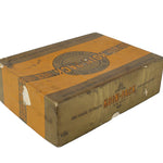 Vintage brown cardboard box with 'R. W. Fox' branding on a white background