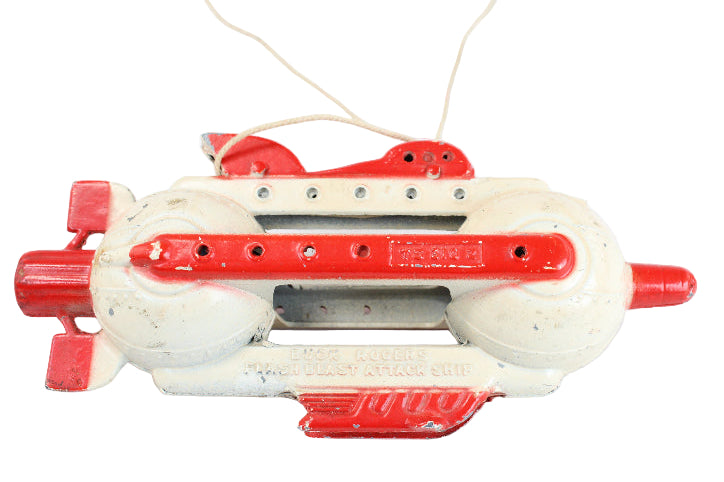 Vintage toy with red and white design on a white background