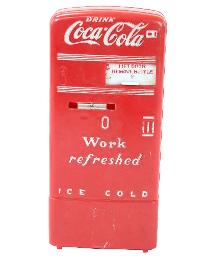Red Coca-Cola cooler with text on a white background