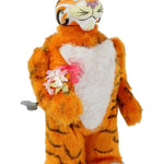 Plush tiger toy with a white chest on a light gray background