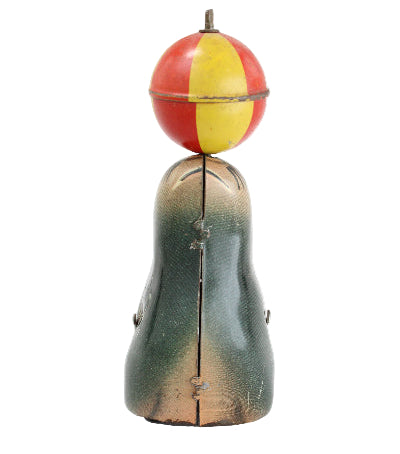 Toy figure of a clown with a red nose and colorful outfit on a white background