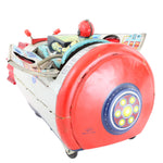 Toy robot with a red body and colorful details on a white background