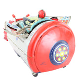 Toy robot with a red body and colorful details on a white background