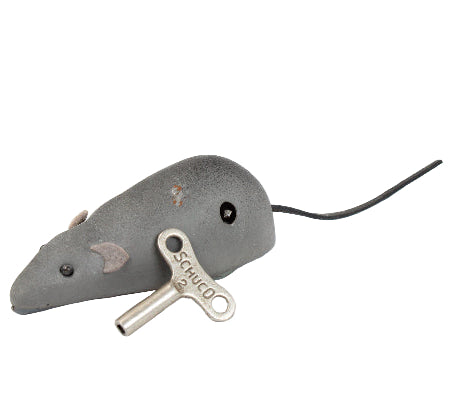 Gray electronic mouse with a key on a white background