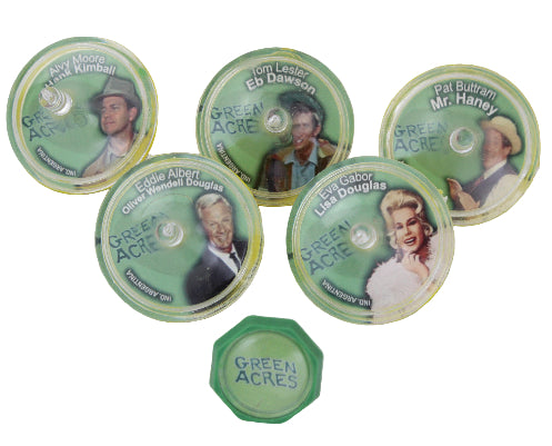 Set of 'Green Acres' themed buttons with character portraits on a white background
