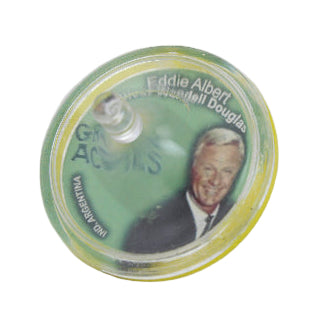 Green button with a portrait of Eddie Albert and text on a light gray background