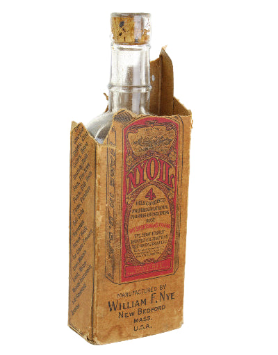 Vintage bottle with cardboard box on a white background