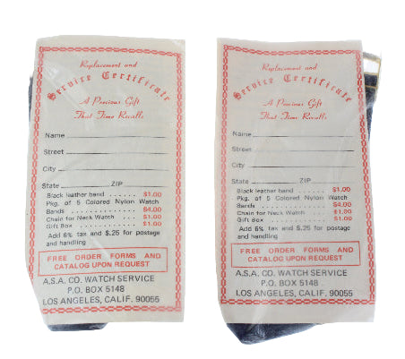 Replacement and Service Certificate for a watch, with red text and a white background.