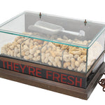 Display case with peanuts and 'They're Fresh' sign on a white background