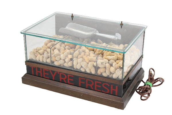 Display case with peanuts and 'They're Fresh' sign on a white background