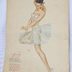 Vintage-style calendar with a stylized illustration of a woman in a dress and top hat on a light blue background.