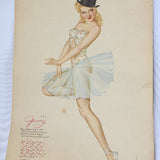 Vintage-style calendar with a stylized illustration of a woman in a dress and top hat on a light blue background.