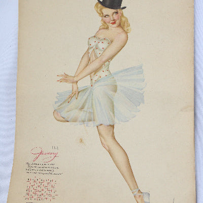 Vintage-style calendar with a stylized illustration of a woman in a dress and top hat on a light blue background.