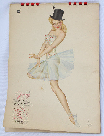 Vintage-style calendar with a stylized illustration of a woman in a dress and top hat on a light blue background.