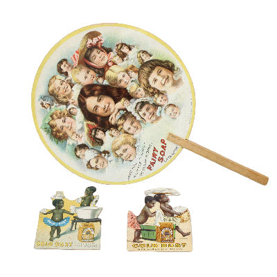 Decorative fan with vintage illustration and small boxes below on a white background