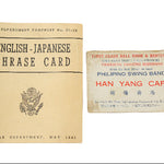 Two vintage items: an English-Japanese phrase card and a sign for Han Yang Cafe.
