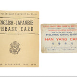 Two vintage items: an English-Japanese phrase card and a sign for Han Yang Cafe.