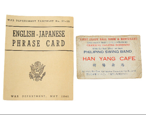Two vintage items: an English-Japanese phrase card and a sign for Han Yang Cafe.