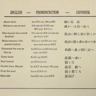 Sheet with English, pronunciation, and Japanese text on a light blue background