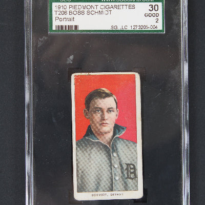 Vintage baseball trading card in protective case with visible grading label