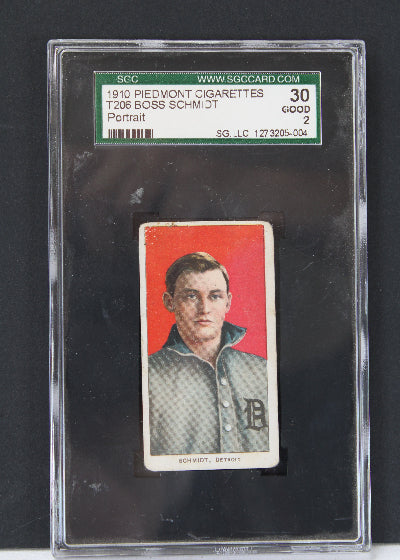 Vintage baseball trading card in protective case with visible grading label