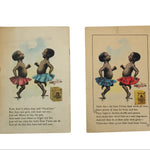 Two vintage cards with illustrations of children in colorful dresses on a white background