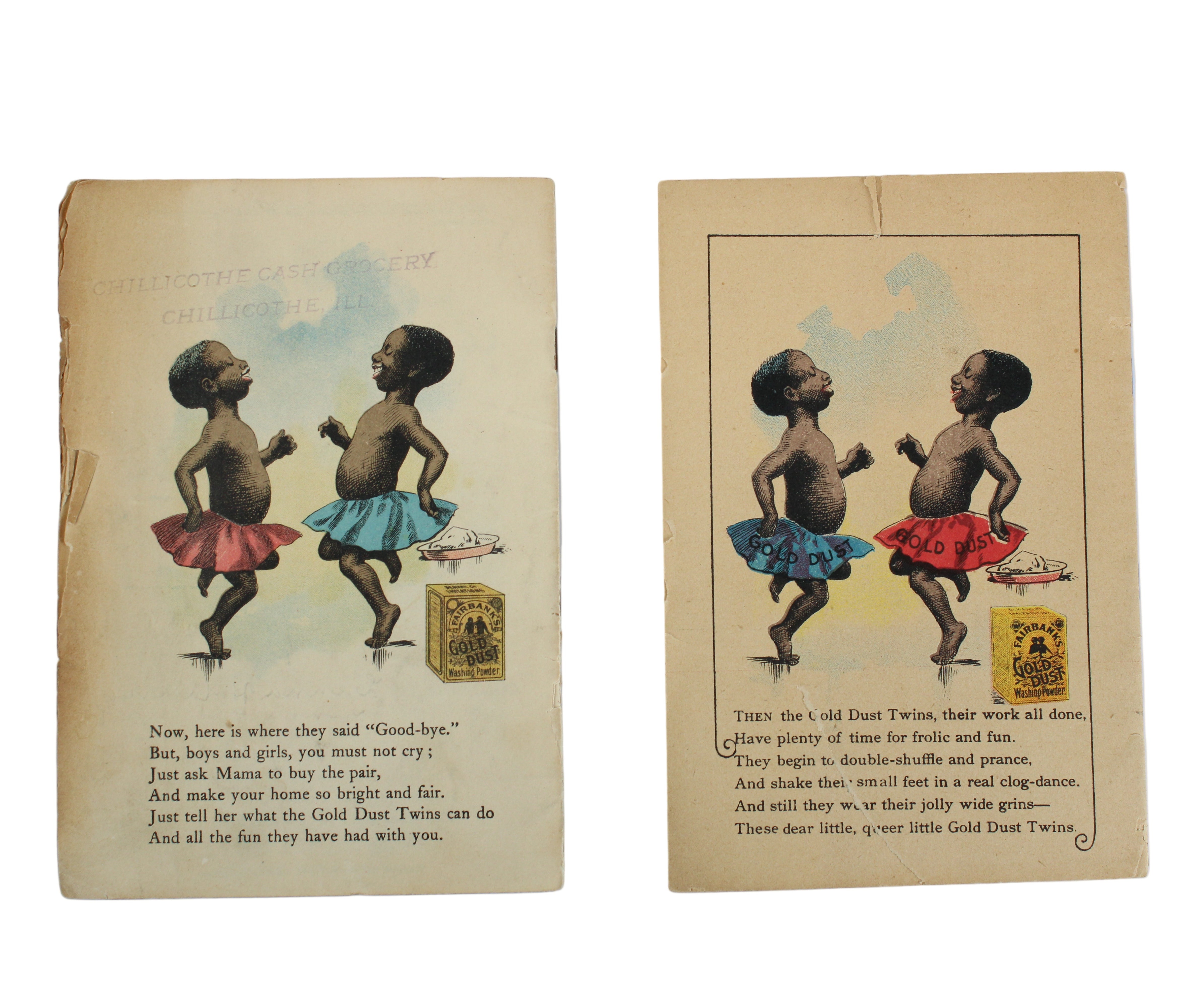 Two vintage cards with illustrations of children in colorful dresses on a white background